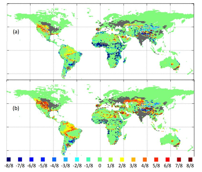  Очаквана промяна на риска от пожари в света за периода 2071 - 2100 г. спрямо 1971 - 2000 г. при сценарий на средновисоки парникови емисии (горе) и сценарй на високи емисии (долу). Сините цветове илюстрират намален риск, докато топлите - повишен. 