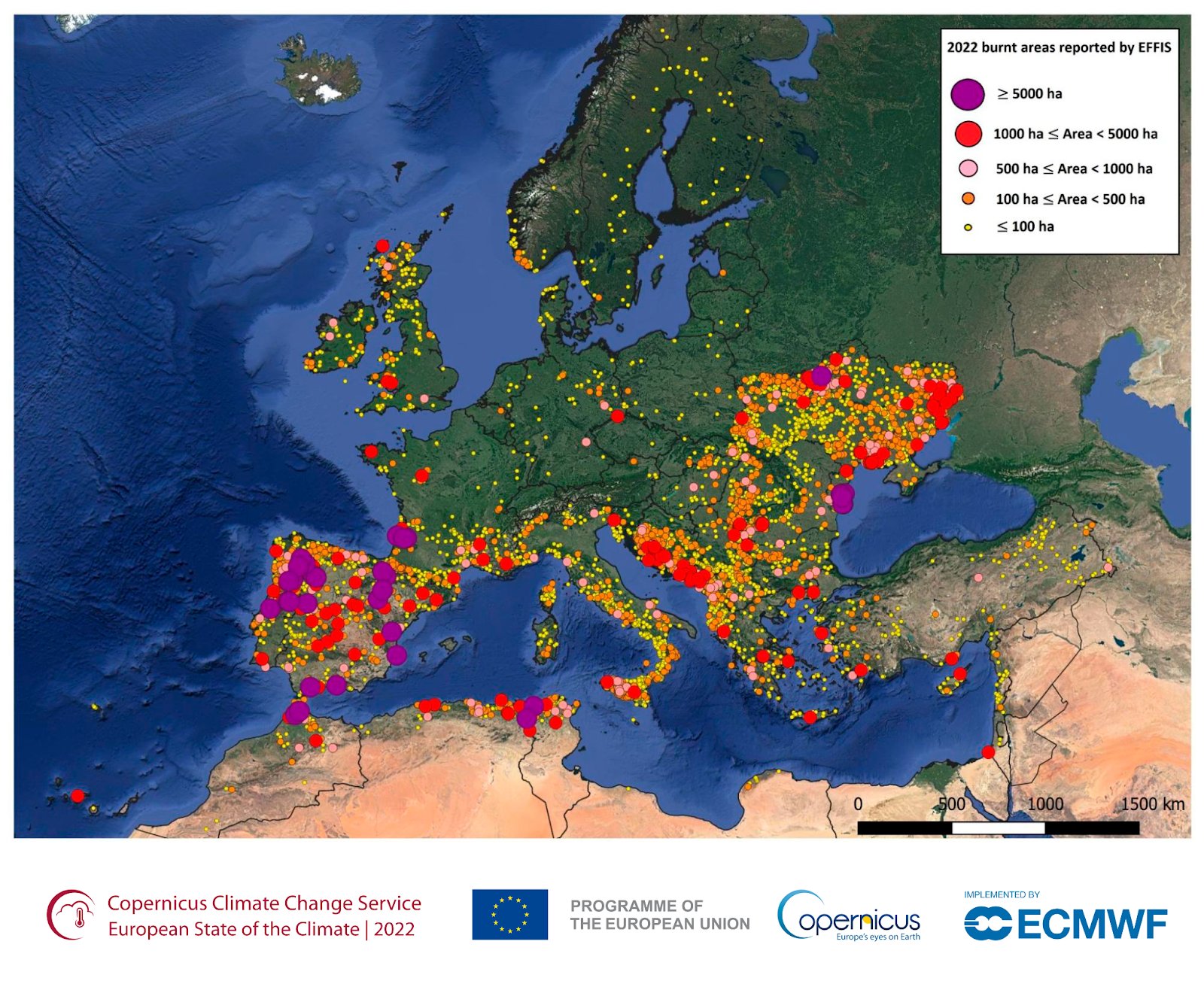 Карта на пожарите за района на Европа през 2022 г.