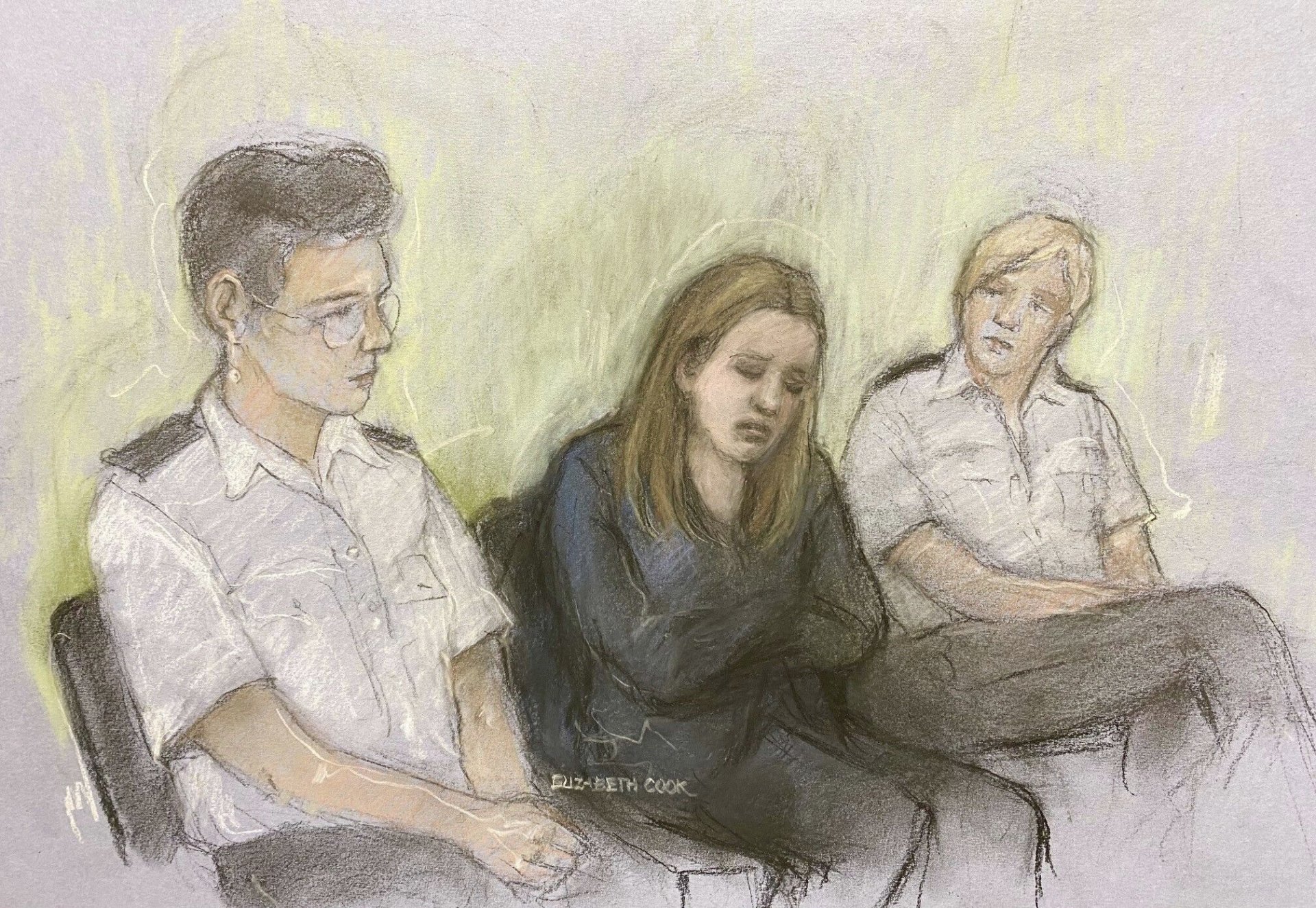 Рисунка от съдебен художник на медицинската сестра Луси Летби по време на делото срещу нея в съда в Манчестър, 11 август 2023 г. 