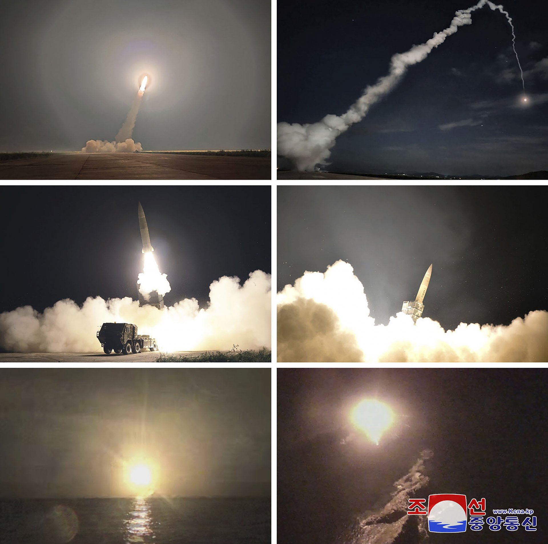 Комбинация от снимки, разпространени от правителството в Пхенян, на които показва симулацията на тактически ядрен удар