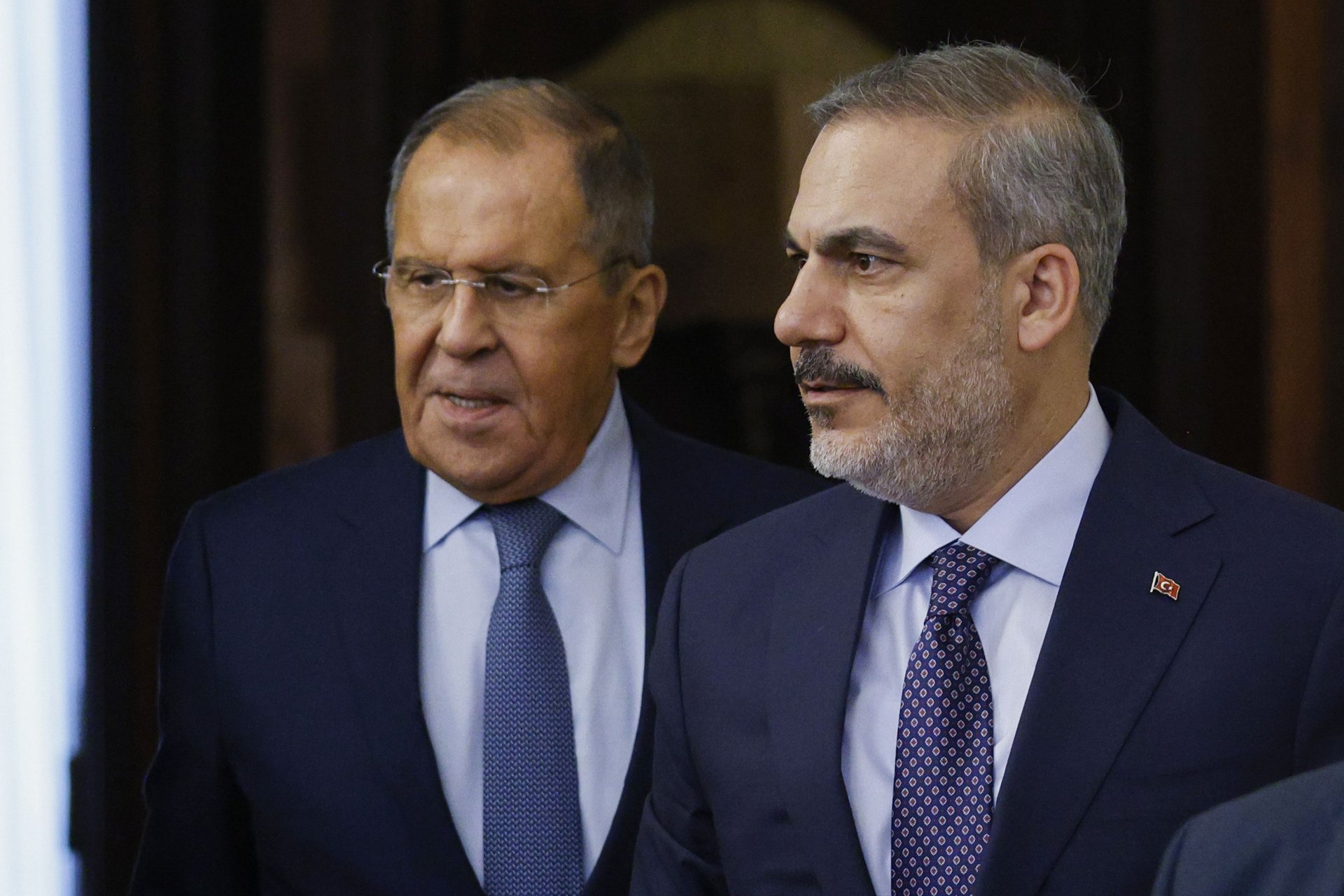 Руският външен министър Сергей Лавров и турският външен министър Хакан Фидан по време на срещата им в Москва, четвъртък, 31 август 2023 г.