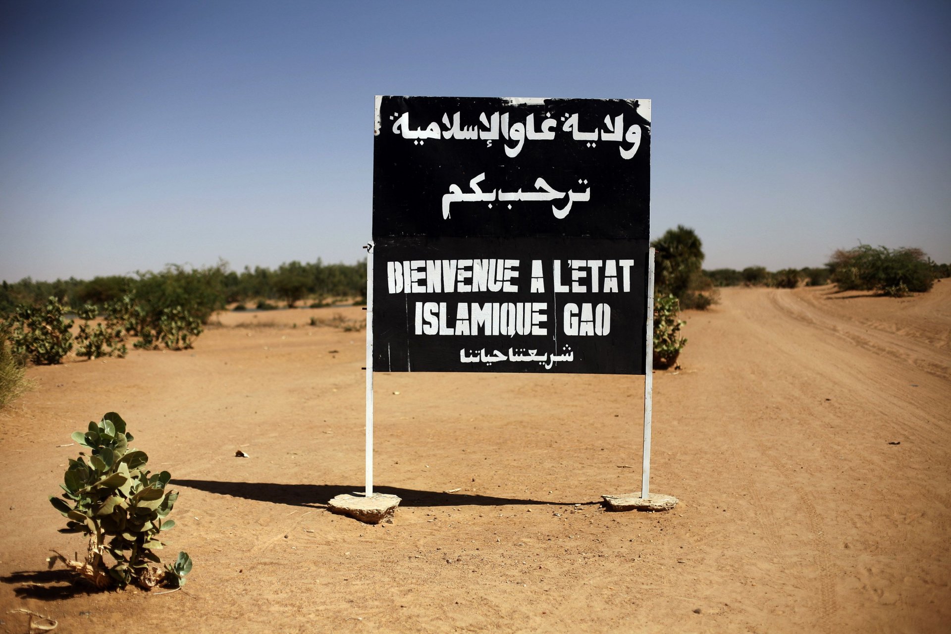 Знак на входа на град Гао в Мали на който пише "Добре дошли в Ислямска държава Гао", 30 януари 2013 година