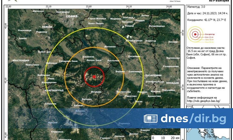 Трусът е регистриран в 14:34 ч. българско време.
Епицентърът е на