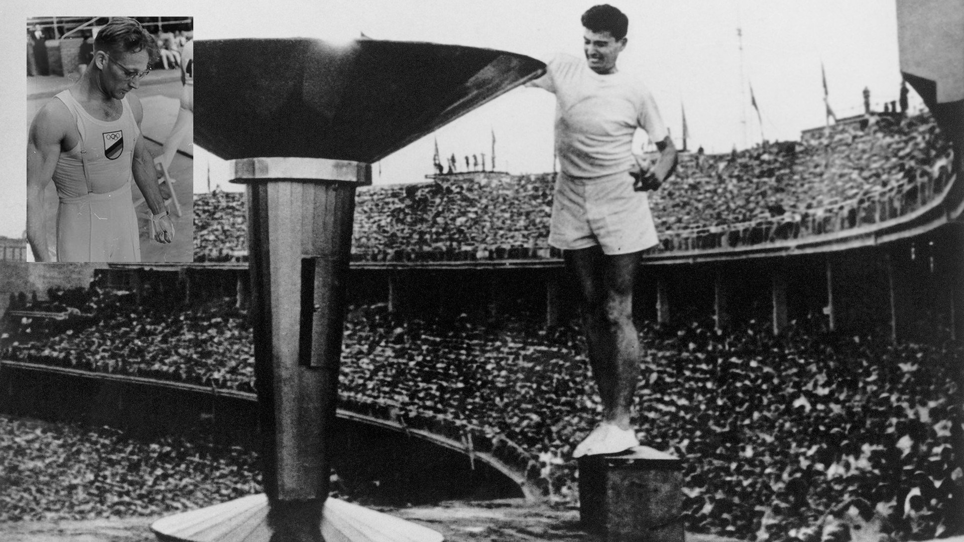 Банц - на малката снимка вляво, по време на игрите в Мелбърн. На големия кадър - огънят в Австралия е запален в края на ноември 1956 г.