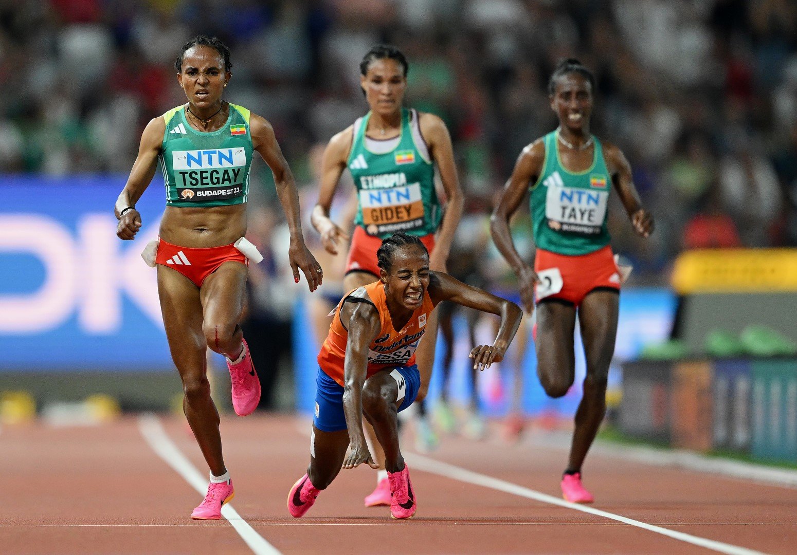 Най-атрактивните снимки на 2023-а в спорта: Драмата на Сифан Хасан, която падна на 20 метра от златото, по време на финала на 10 000 м от Световното първенство по лека атлетика в Будапеща. Състезаващата се за Нидерландия етиопка остана 11-а, като завърши на ходом. А водеше и бе на път да спечели световната титла.