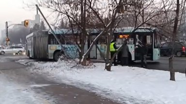 Градски автобус отнесе електрически стълб в София (видео)