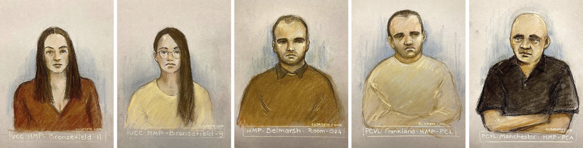 Рисунки, изобразяващи Катрин Иванова, Ваня Габерова, Орлин Русев, иван Стоянов и Бисер Джамбазов, явили се чрез видеовръзка на съдебно заседание в Лондон на 26 септември 2023 г..