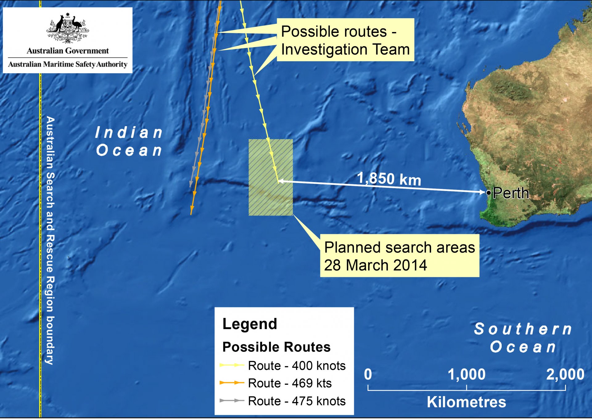 Сателитно изображение, предоставено от AMSA (Австралийски орган за морска безопасност), показва карта на планираната зона за издирване на изчезналия самолет на Малайзийските авиолинии през март 2014 г.