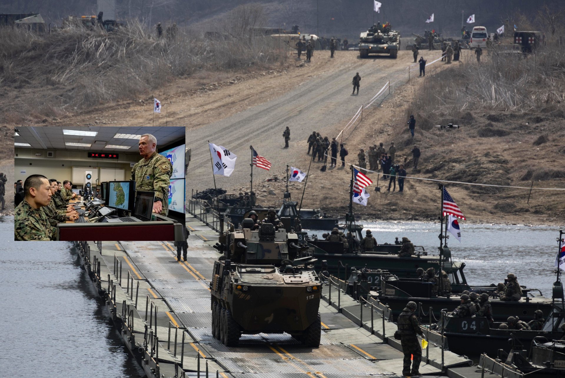 Висшият военен служител на САЩ в Южна Корея Пол Дж. ЛаКамера  ръководи ученията от командния пункт