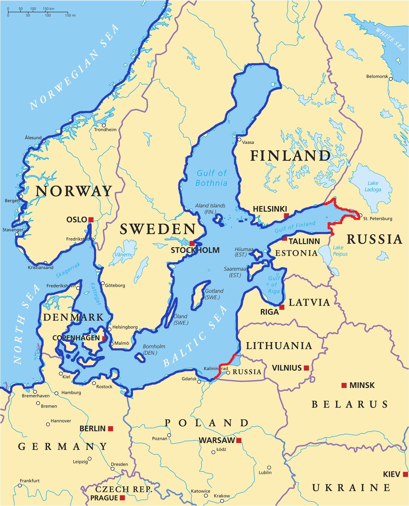 Настоящата геополитическа ситуация в Балтийско море. Със синьо е бреговата ивица на държавите в НАТО, а в червено е Русия