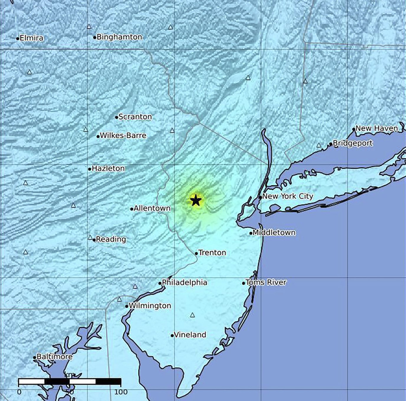 Kарта, предоставена от Геофизичния институт към правителството на САЩ, показва къде е бил епицентърът на земетресението сутринта на 5 април в района на Ню Йорк