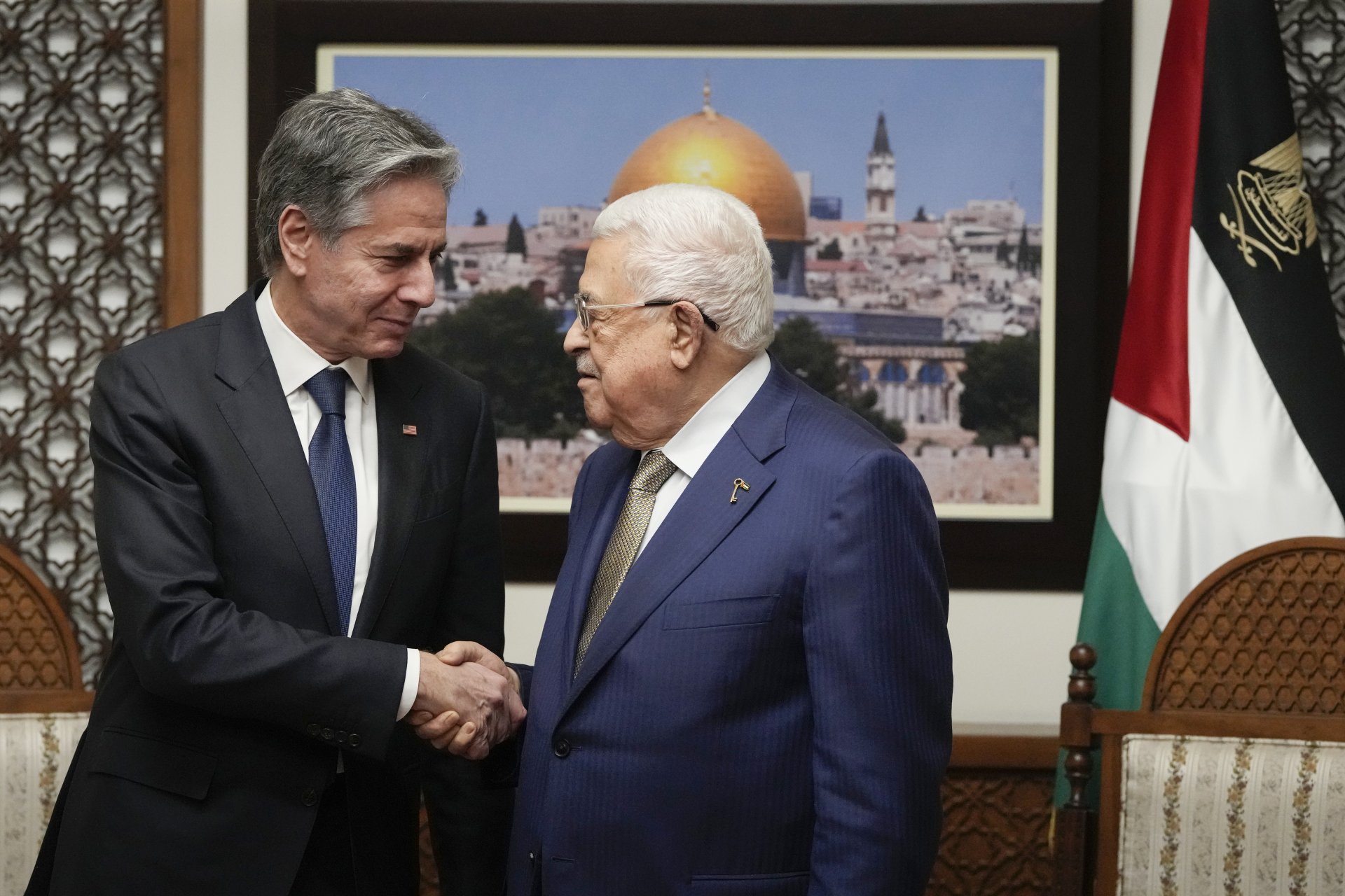Палестинският президент Махмуд Абас и държавният секретар на САЩ Антъни Блинкънпо време на среща в Рамала през февруари т.г. 