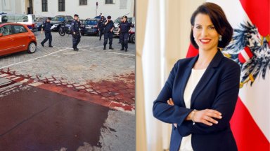 Австрийска министърка бе опръскана с фалшива кръв заради Газа преди конференция срещу антисемитизма