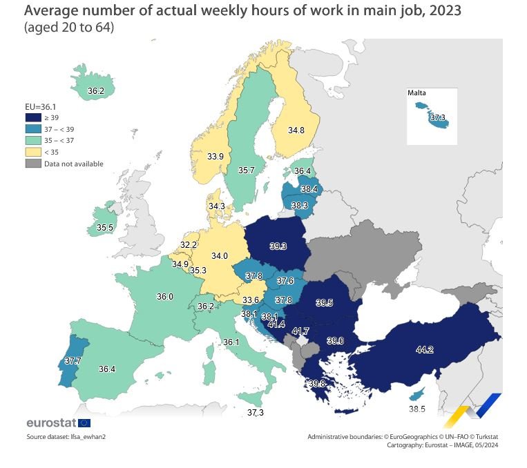 Действително отработени часове за седмица на основнара работа, средни стойности по страни за 2023 г.