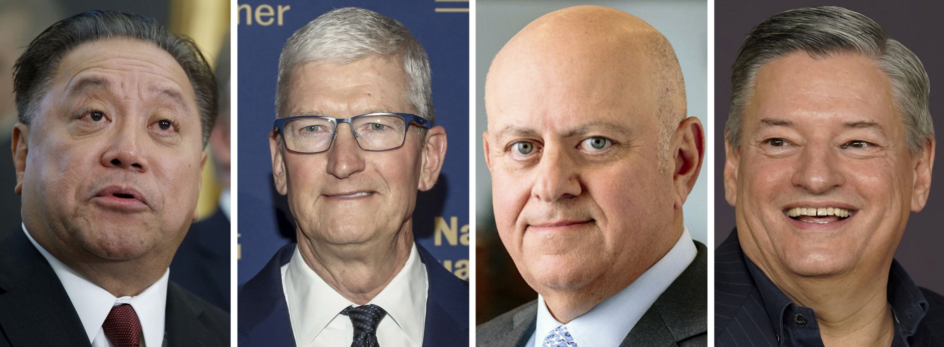 Големите босове от челото на класацията: Хок Тан (Broadcom Inc.), Тим Кук (Apple Inc.); Хамид Могадам (Prologis Inc.), Тед Сарандос (Netflix)