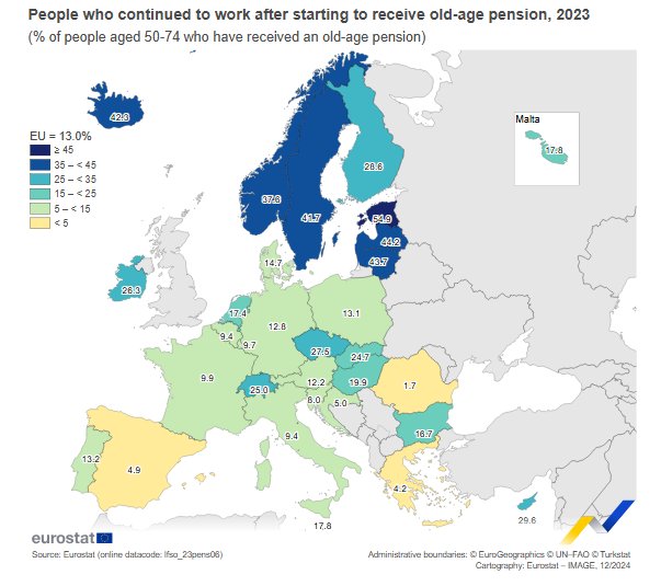 Хора (50-74 г.), които продължават да работят и след навършване на пенсионна възраст, по страни, в %, 2023 г. 