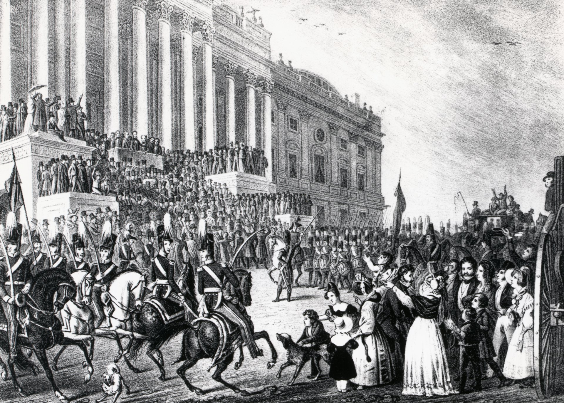 Тази картина от клетвата на 4 март 1841 г. свидетелства, че Уилям Хенри Харисън не е бил единственият без палто и шапка пред Капитолия. 