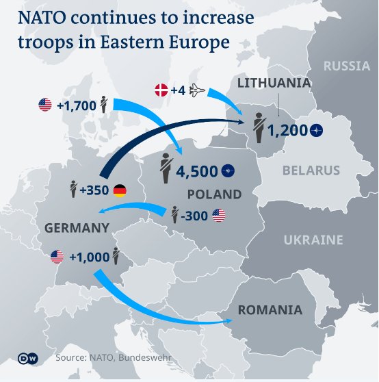Картата показва прехвърлянето на допълнителни части към източния фланг на НАТО