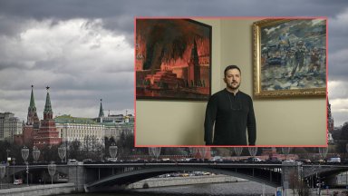 Снимка на украинския президент Володимир Зеленски позиращ пред картина изобразяваща
