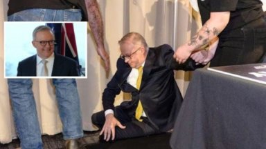 Австралийският премиер Антъни Албанезе падна от сцената по време на