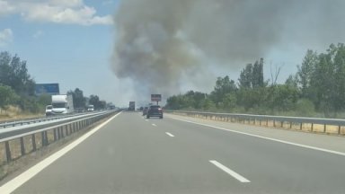 Пожар край бензиностанция спря движението на АМ "Тракия" при 73-ти км в посока Пловдив (видео)