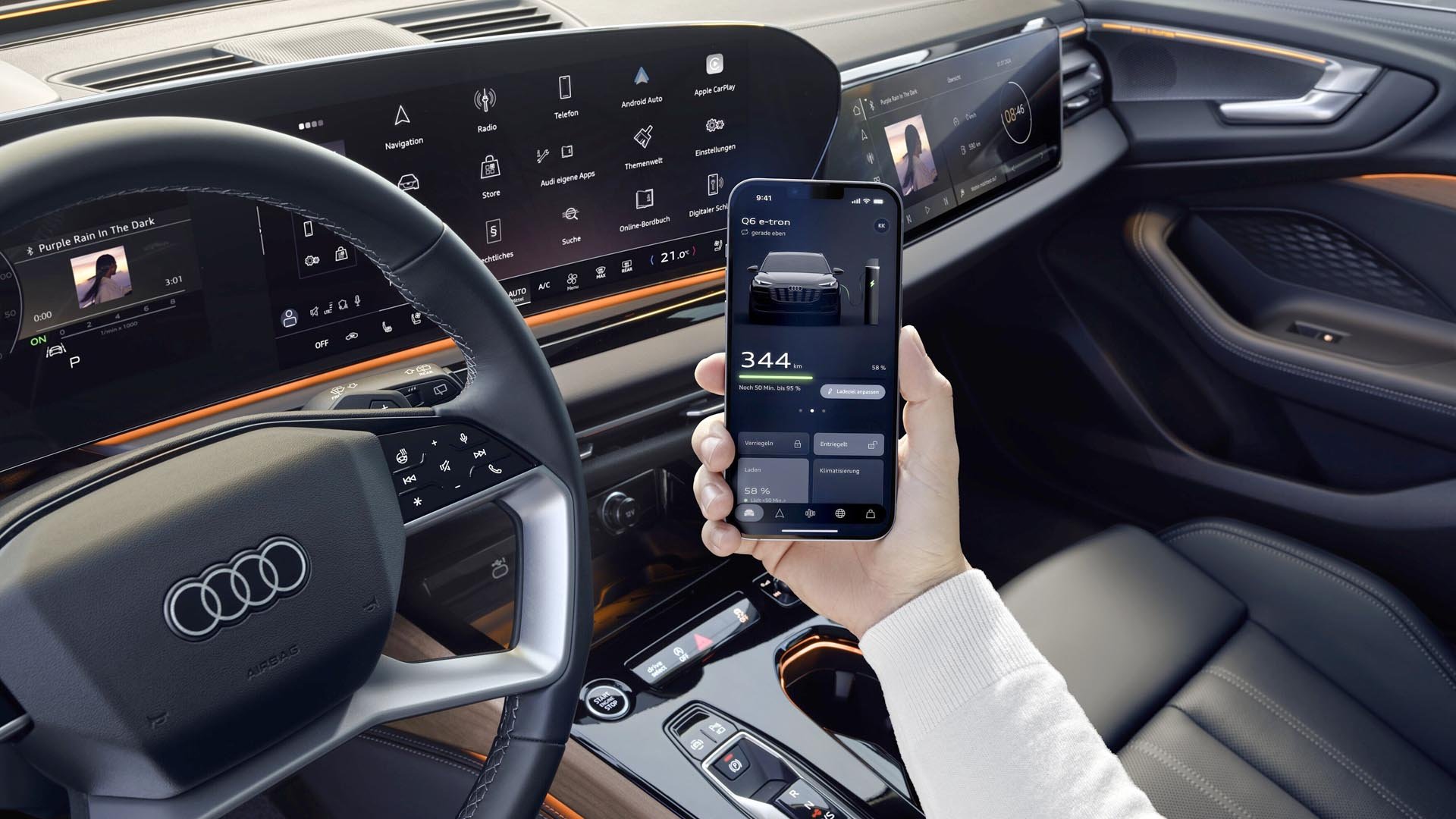 Приложението myAudi следи нивото на заряд на батерията в Audi Q6 e-tron