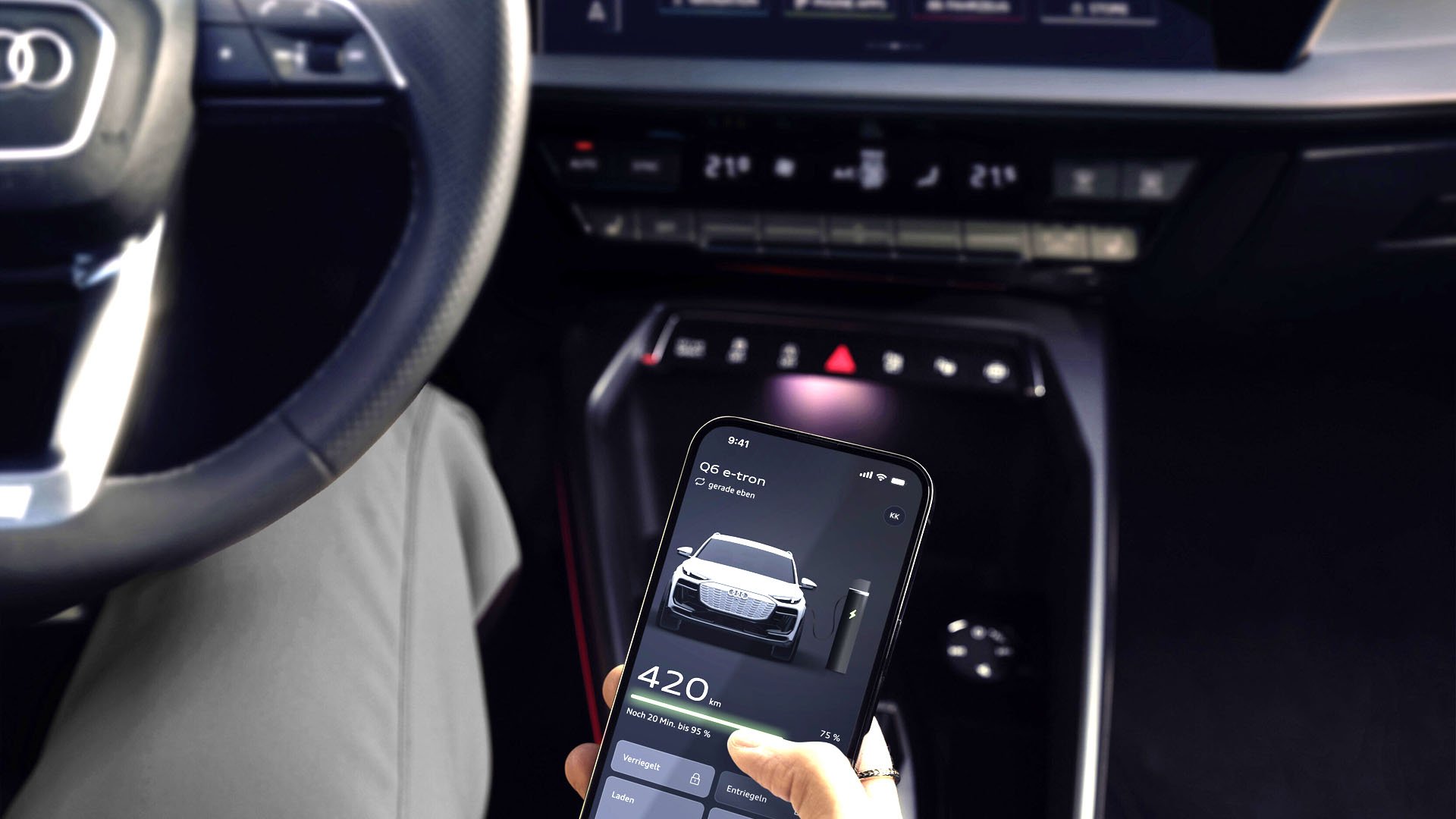 Приложението myAudi следи нивото на заряд на батерията в Audi Q6 e-tron