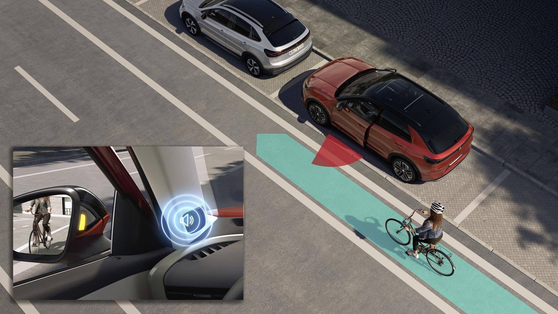 Новият Volkswagen T-Roc е оборудван стандартно със система за предупреждение при излизане и може да предпази велосипедистите