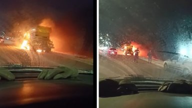 Снегорин се запали на Северната скоростна тангента в София и блокира движението (видео)