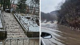 "Водопади" по улиците заради дъжда в София, край Владая пътят се превърна в река (снимки/видео)