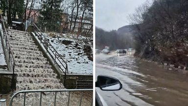 "Водопади" по улиците заради дъжда в София, край Владая пътят се превърна в река (снимки/видео)