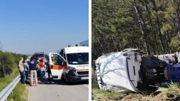 Тир се обърна в канавката при катастрофа на магистрала "Тракия" край Пазарджик