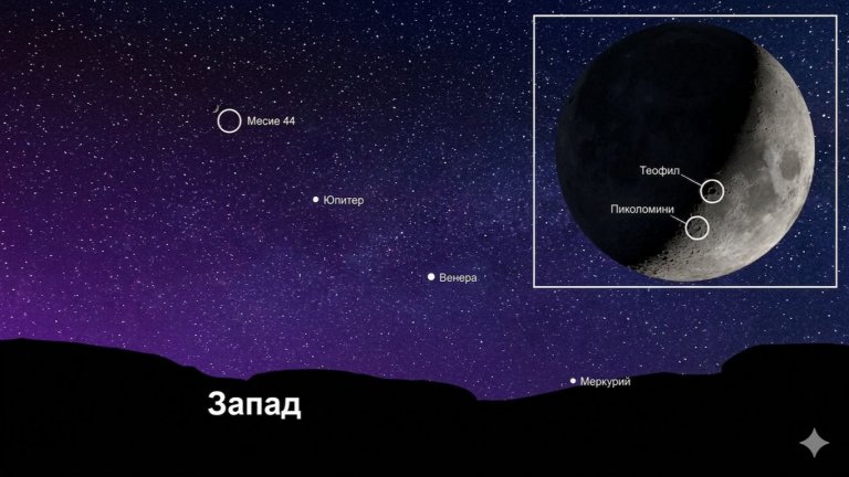Луната и три планети се подреждат в рядка нощна небесна конфигурация
