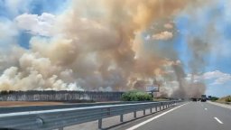 Пожар бушува край АМ "Струма", вдигнаха въздушната линейка заради обгорял (видео/снимки)